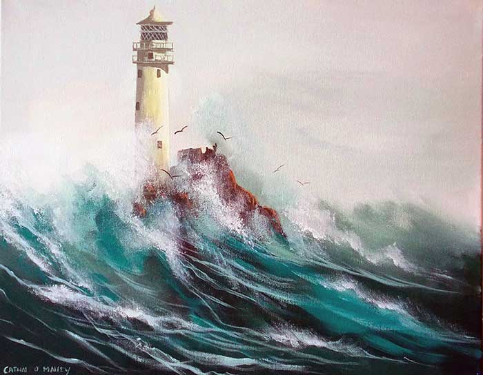 Waves crashing against Fastnet Rock painting